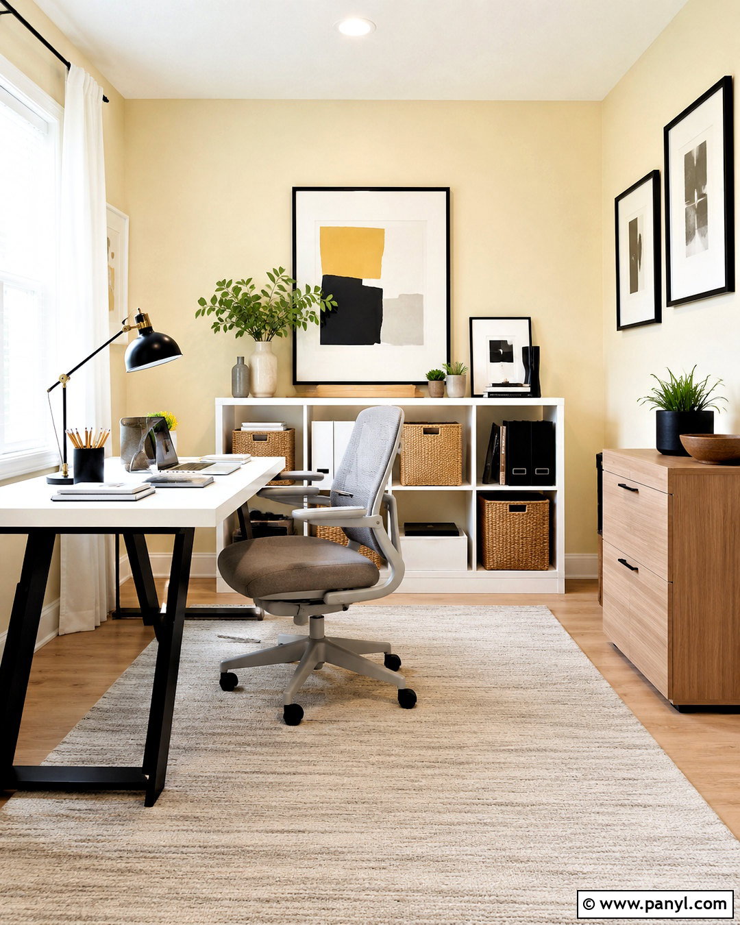 Light Yellow Home Office With White Desk - 40 light yellow walls