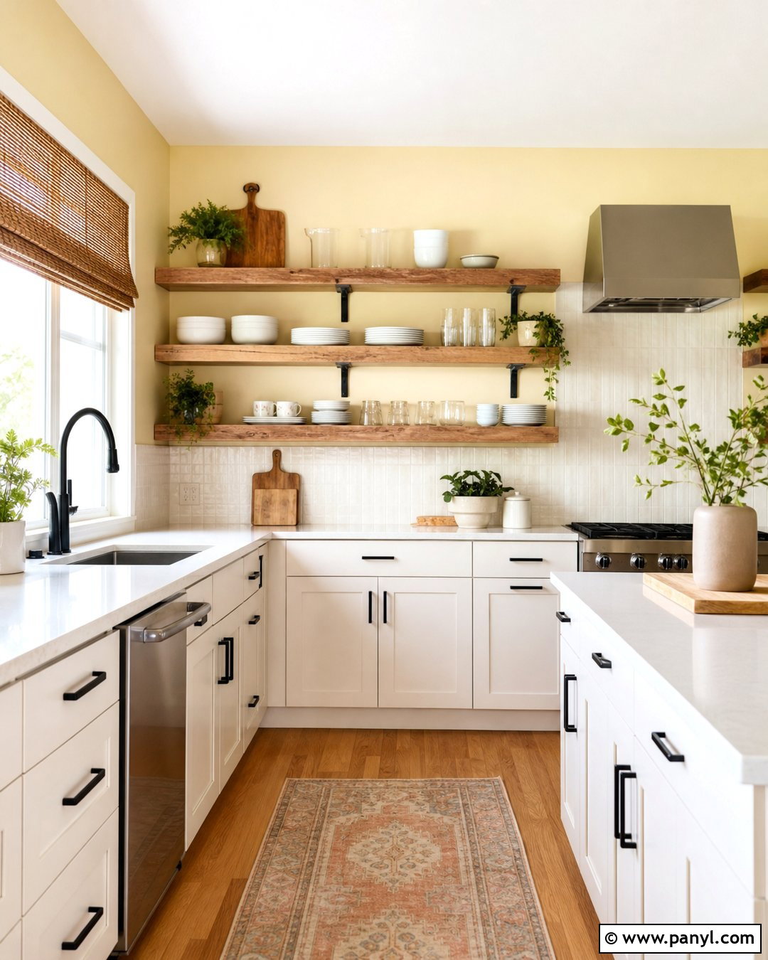 Light Yellow Kitchen Walls With Wood Open Shelves - 35 Light Yellow Kitchen Walls