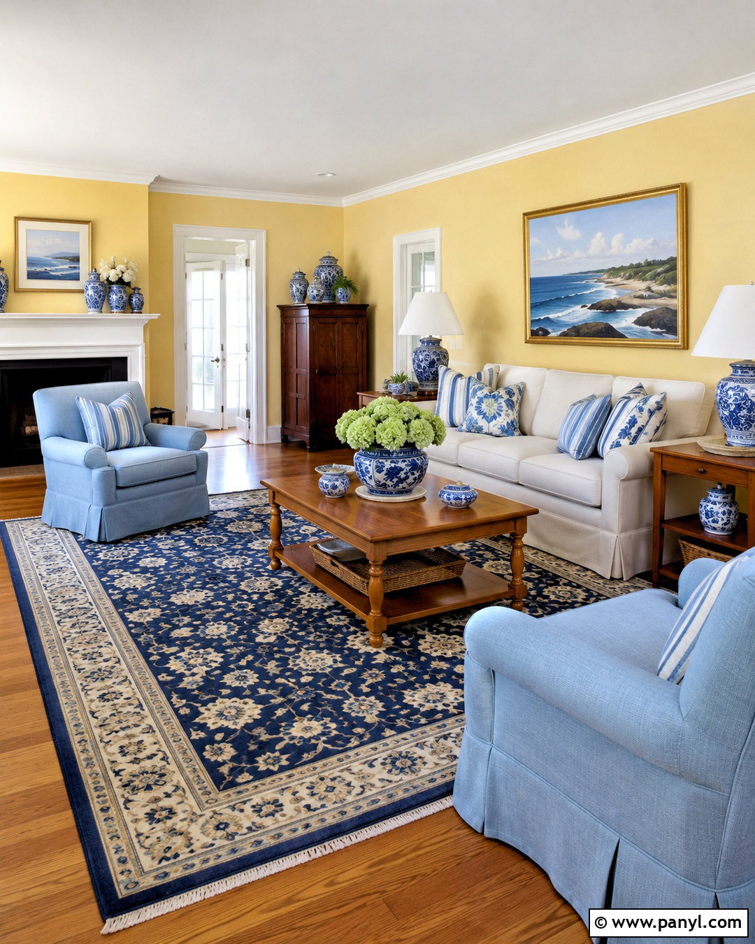 Light Yellow Living Room With Blue And White Decor - 40 light yellow walls