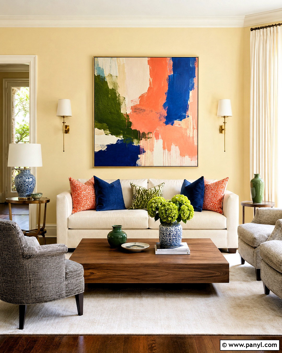 Light Yellow Living Room With Colorful Artwork - 40 light yellow walls