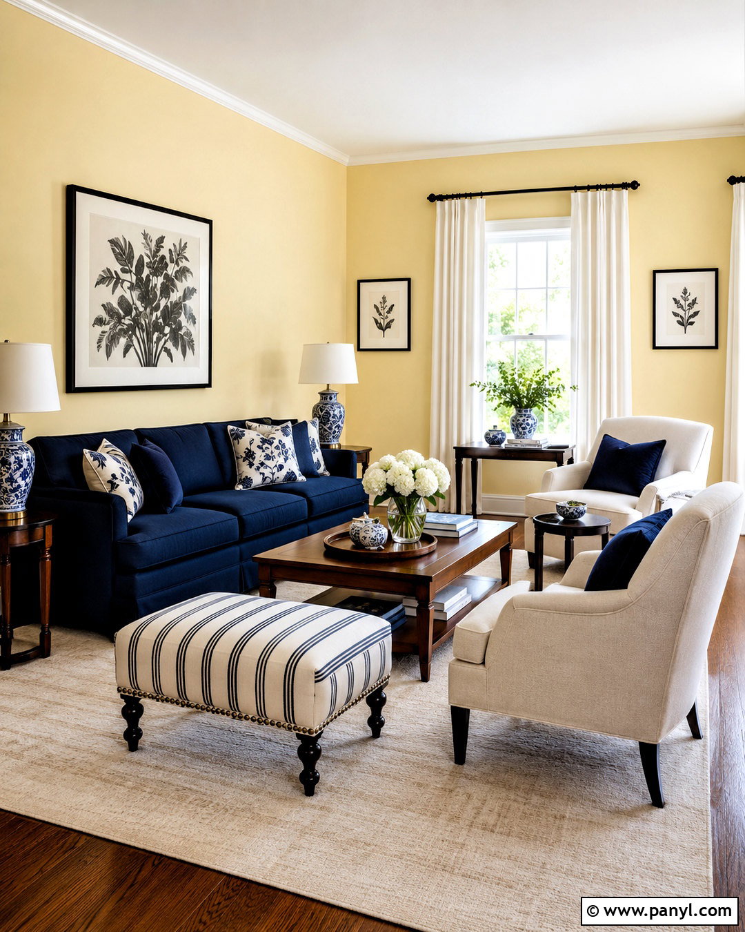 Light Yellow Living Room With Navy Blue Accents - 20 light yellow room ideas