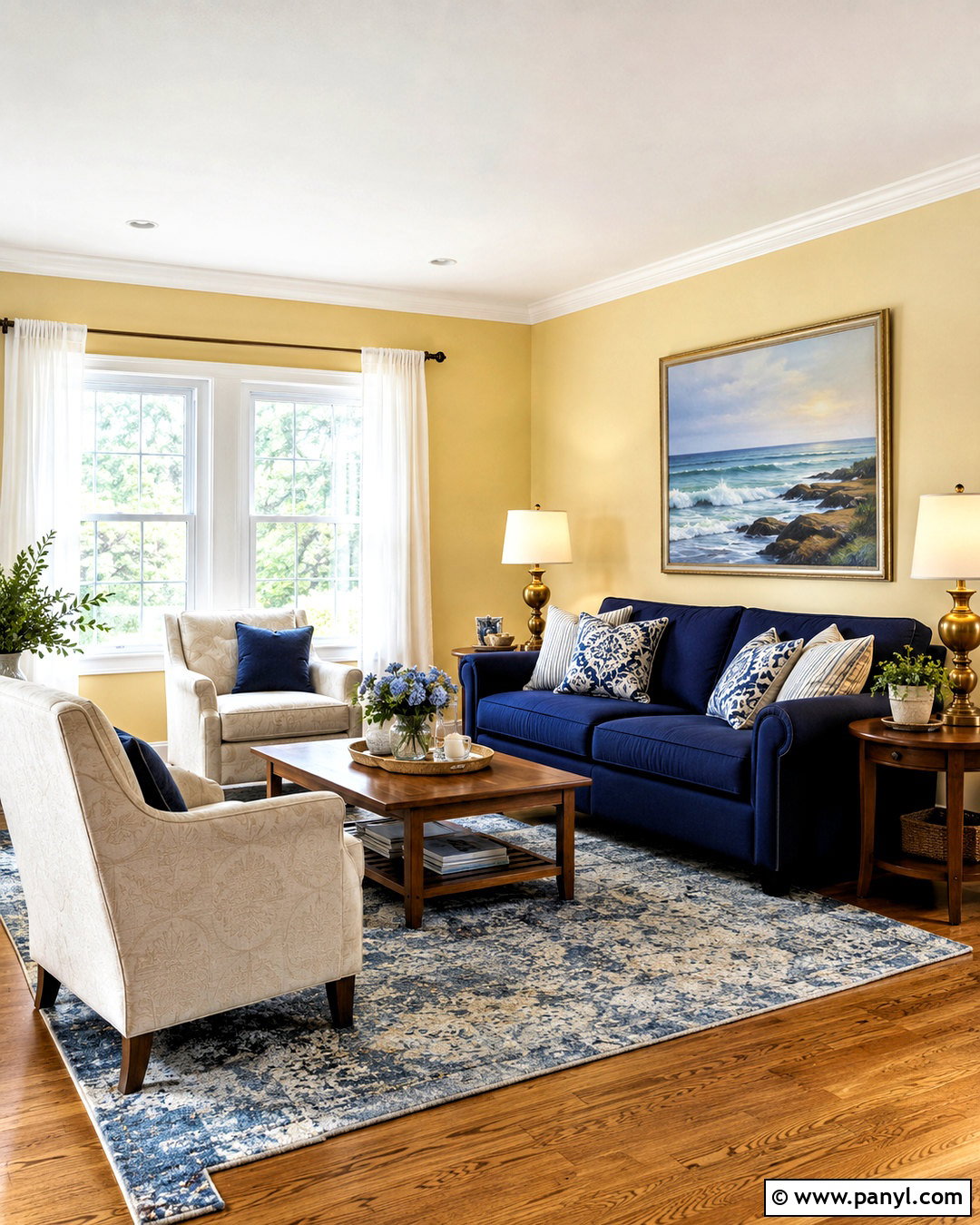 Light Yellow Living Room With Navy Sofa - 40 light yellow walls