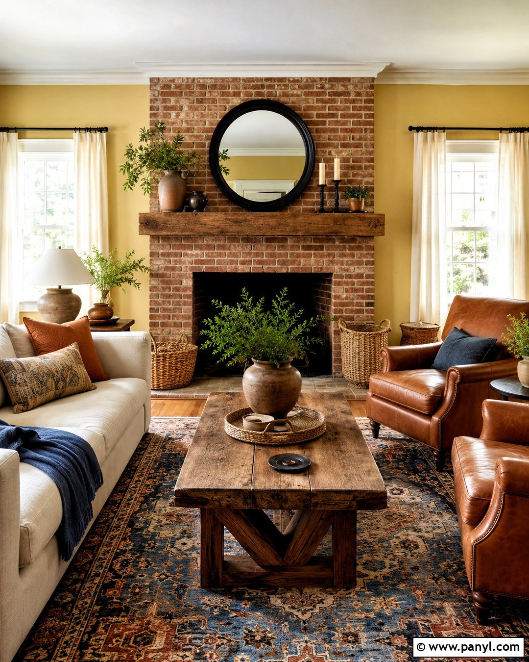 Light Yellow Living Room With a Brick Fireplace - 20 light yellow living room ideas