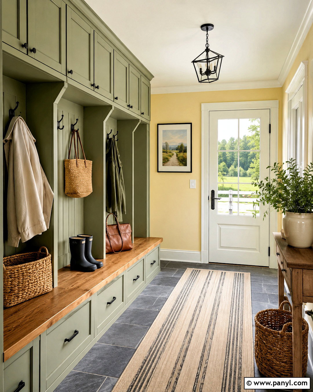 Light Yellow Mudroom With Green Storage - 40 light yellow walls
