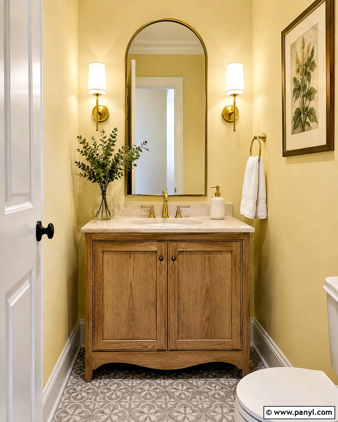 Light Yellow Powder Room With Brass - 40 light yellow walls