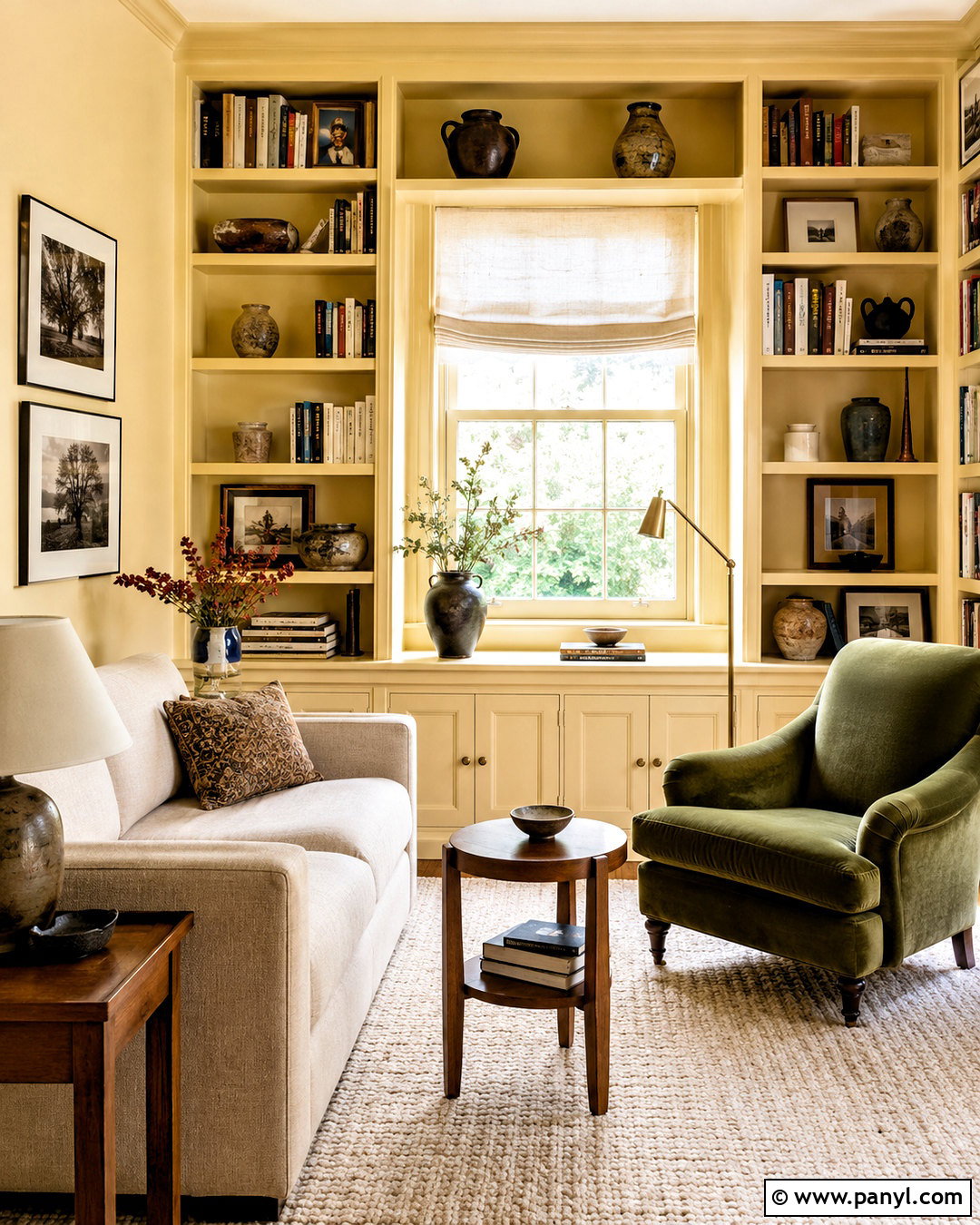 Light Yellow Reading Room With Built-In Shelves - 20 light yellow room ideas