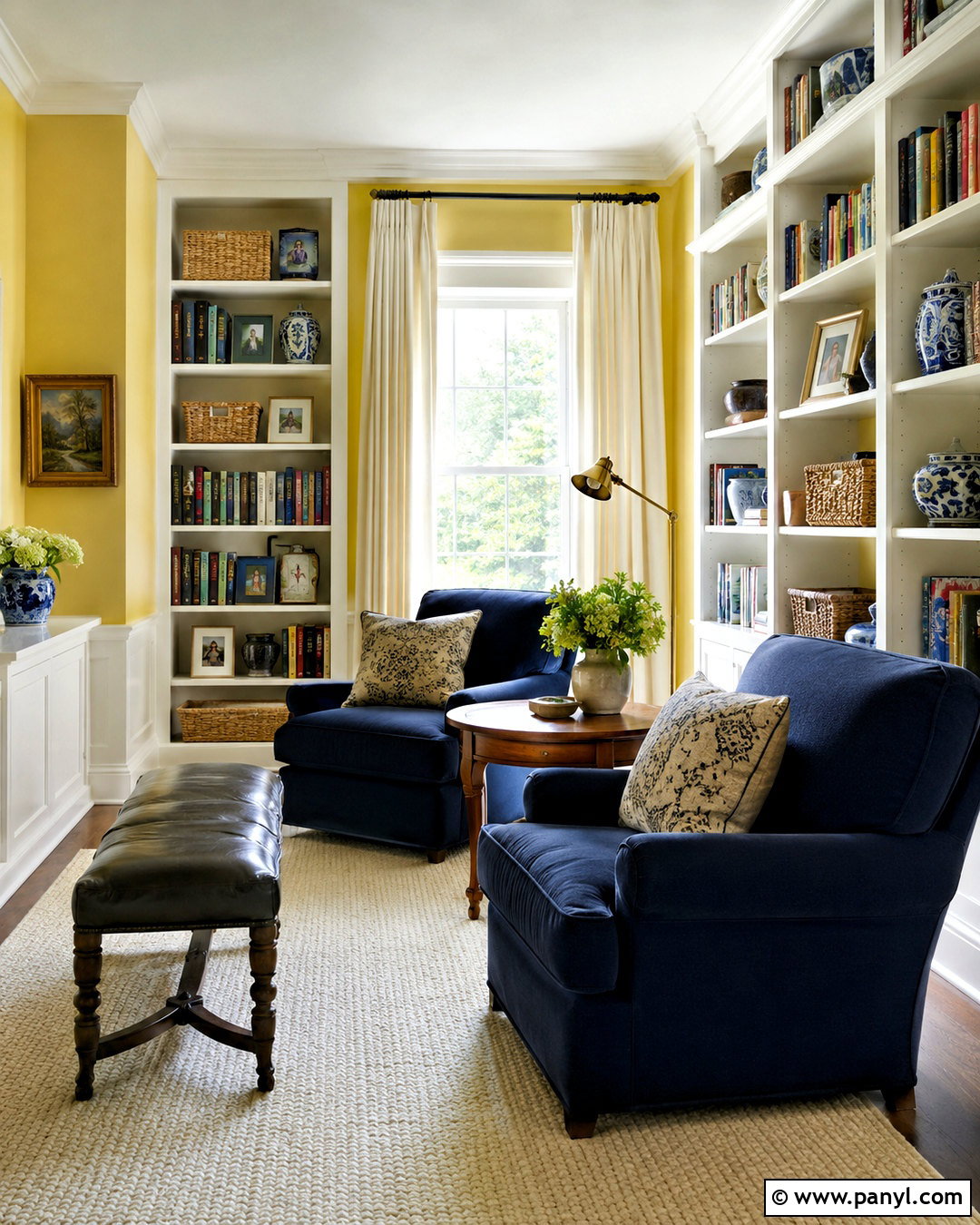 Light Yellow Reading Room With Built-In Shelves - 40 light yellow walls