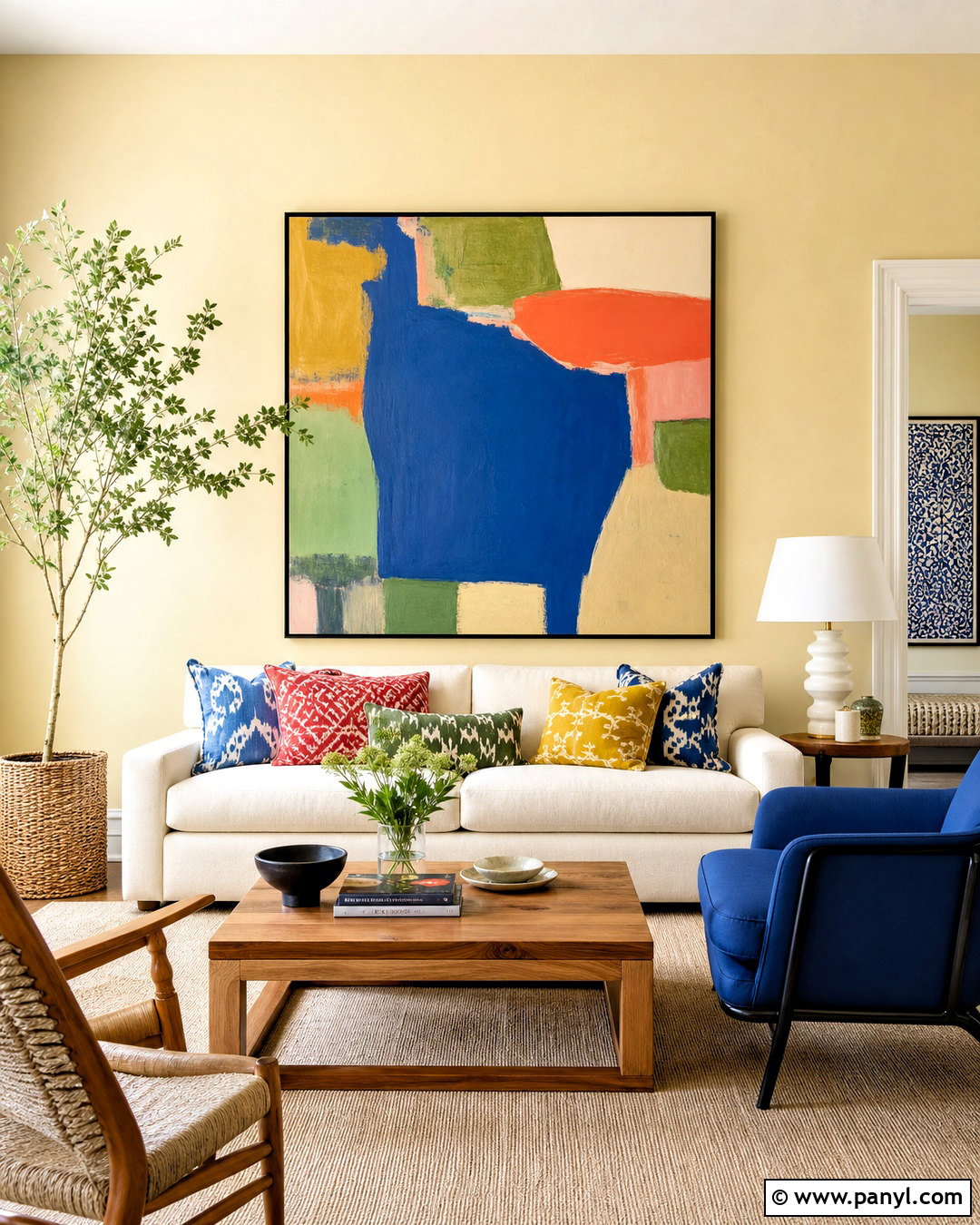 Light Yellow Walls With Colorful Artwork - 20 light yellow walls living room ideas