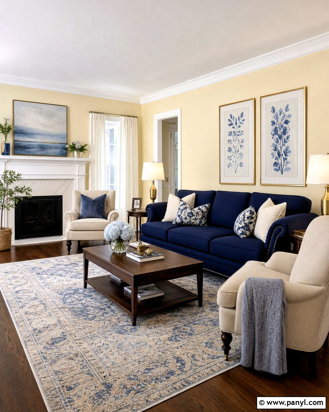 Light Yellow Walls With Navy Sofa - 20 light yellow walls living room ideas