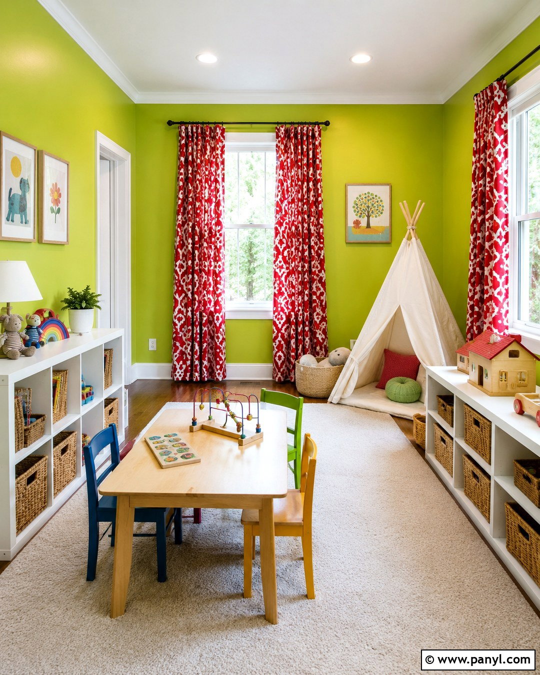 Lime Green Playroom With Cherry Red Curtains - 20 Green Walls Red Curtains