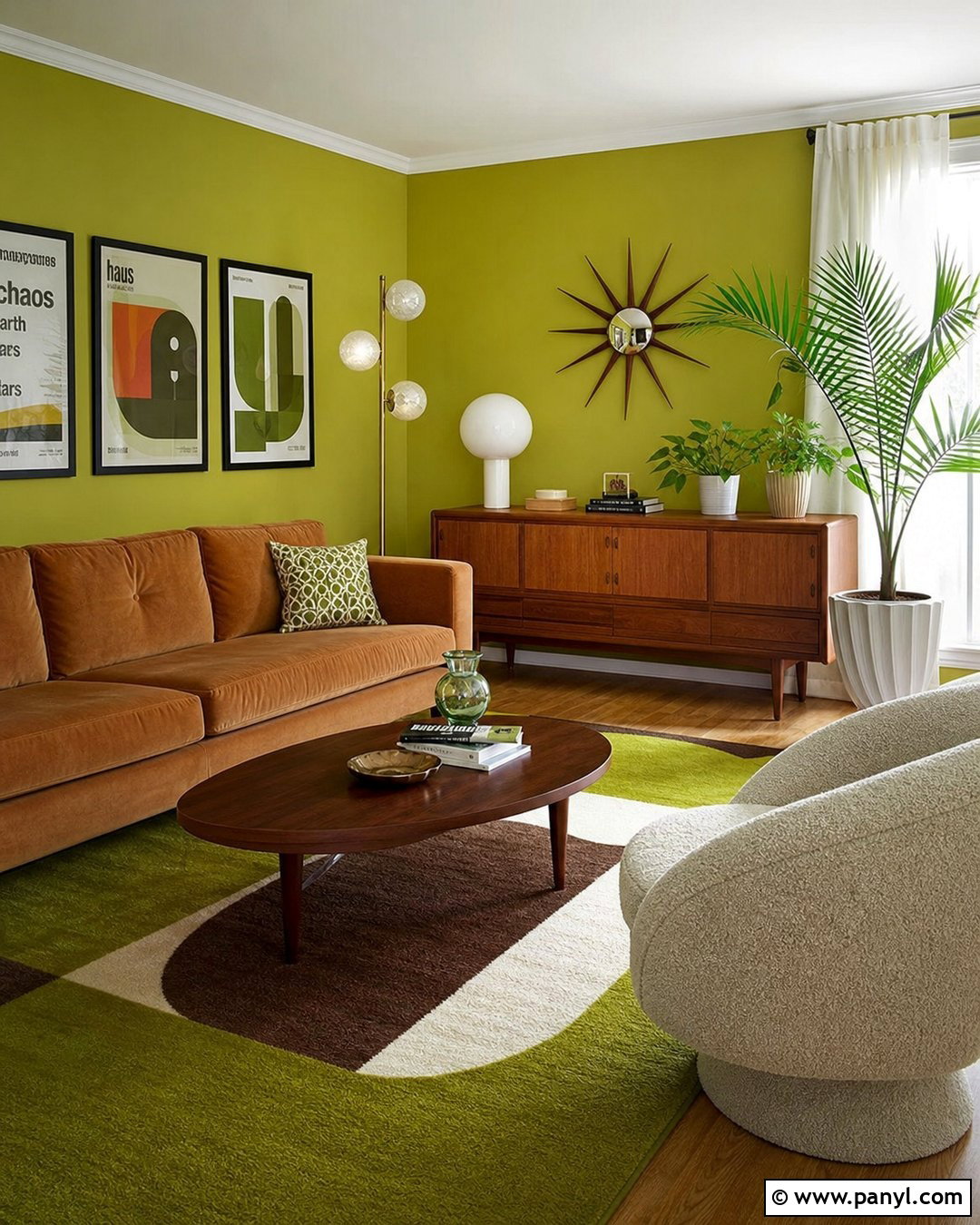 Lime Green Walls In A Retro Living Room - 35 Lime Green Walls
