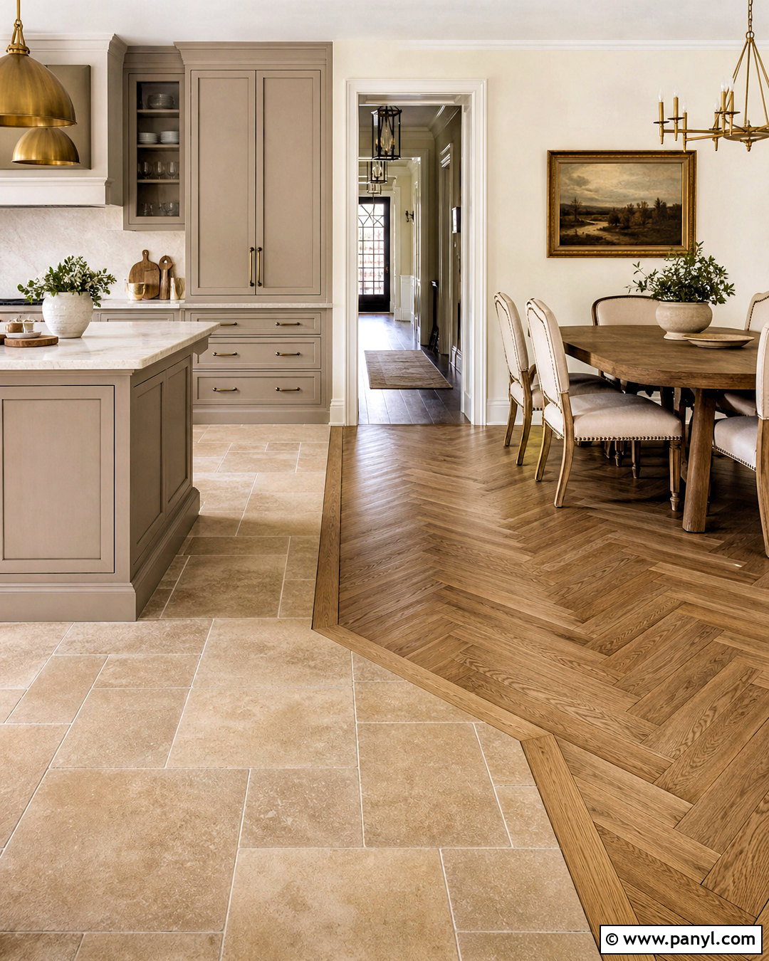 Limestone Tile And Herringbone Hardwood - 20 tile and hardwood floor combination ideas
