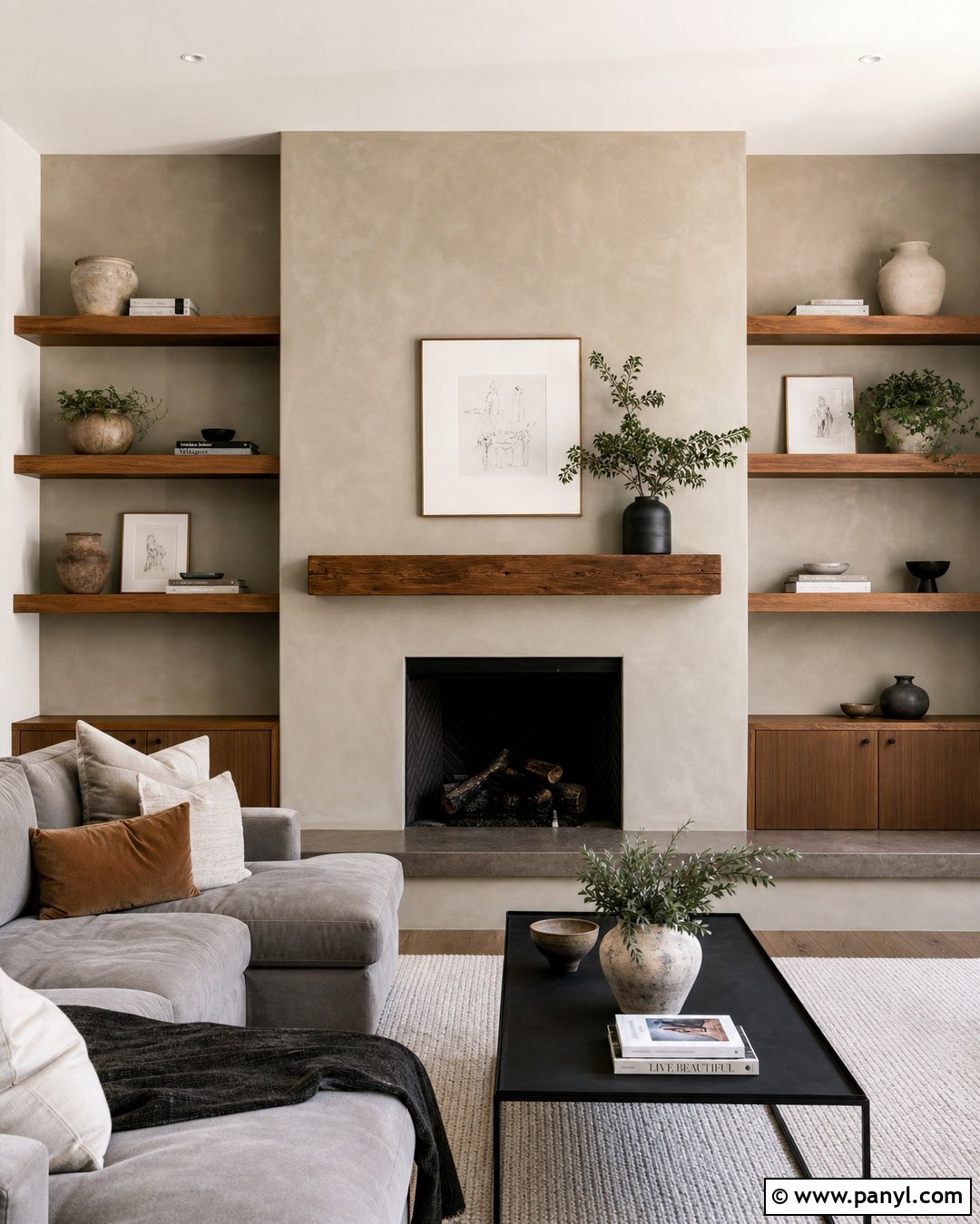 Limewash Fireplace With Floating Wood Shelves - 20 Limewash Paint Fireplace Wall Ideas