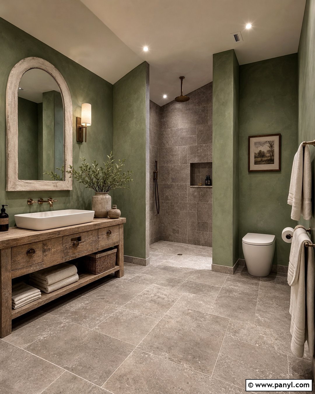 Limewash Green Walls With Gray Limestone Tiles - 20 Grey Tiles Green Walls