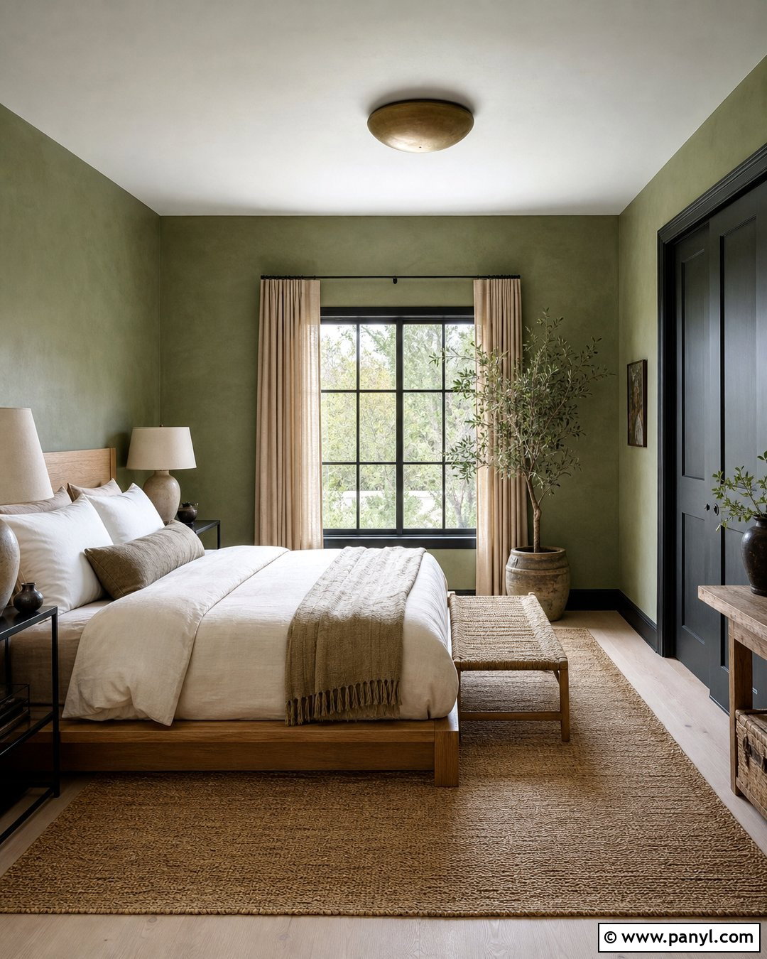 Limewashed Green Bedroom With Black Trim - 25 Green Walls With Black Trim Ideas