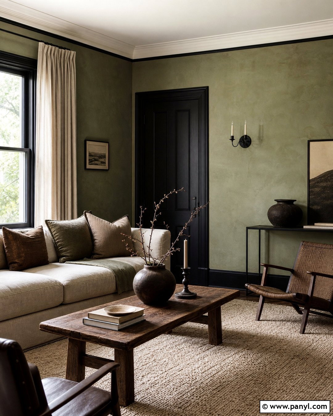 Limewashed Green Living Room With Black Trim - 25 Green Wall Black Trim Ideas