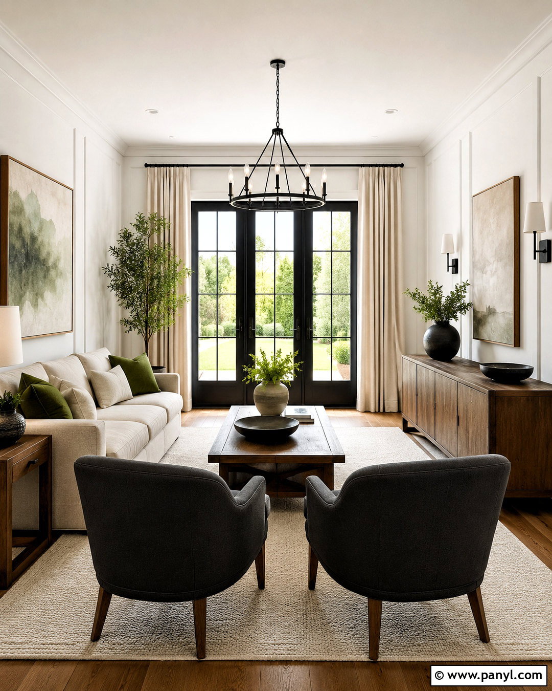 Living Room With Black French Doors - 35 White Walls Black Doors