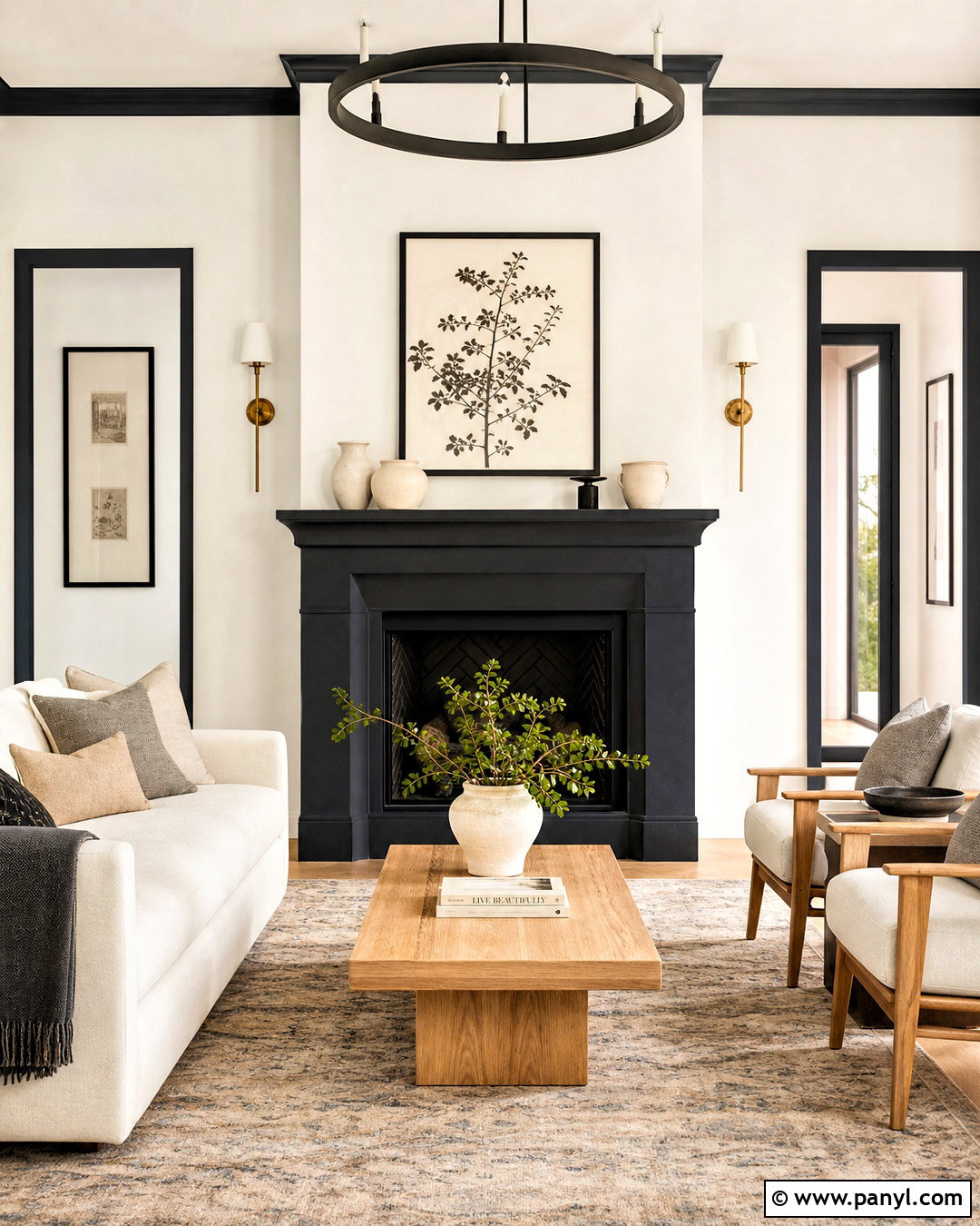 Living Room With Black Trim And Black Fireplace - 20 white walls black trim living room ideas