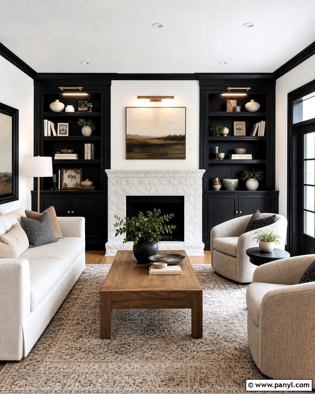 Living Room With Black Trim And Built-Ins - 20 white walls black trim living room ideas