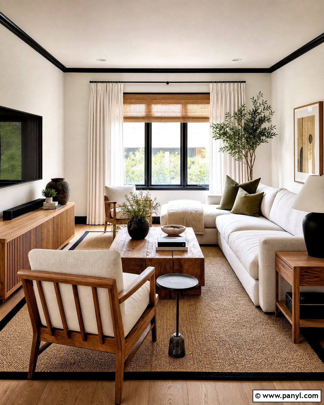 Living Room With Black Trim And Natural Wood - 20 white walls black trim living room ideas