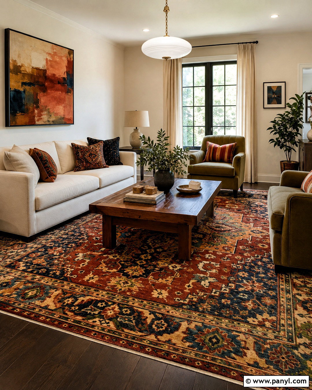 Living Room With Dark Floors And Colorful Rug - 20 living room designs dark floors