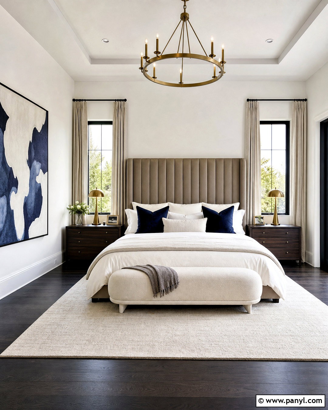 Luxury Bedroom With Dark Grey Wood Floors - 20 white walls grey floor ideas