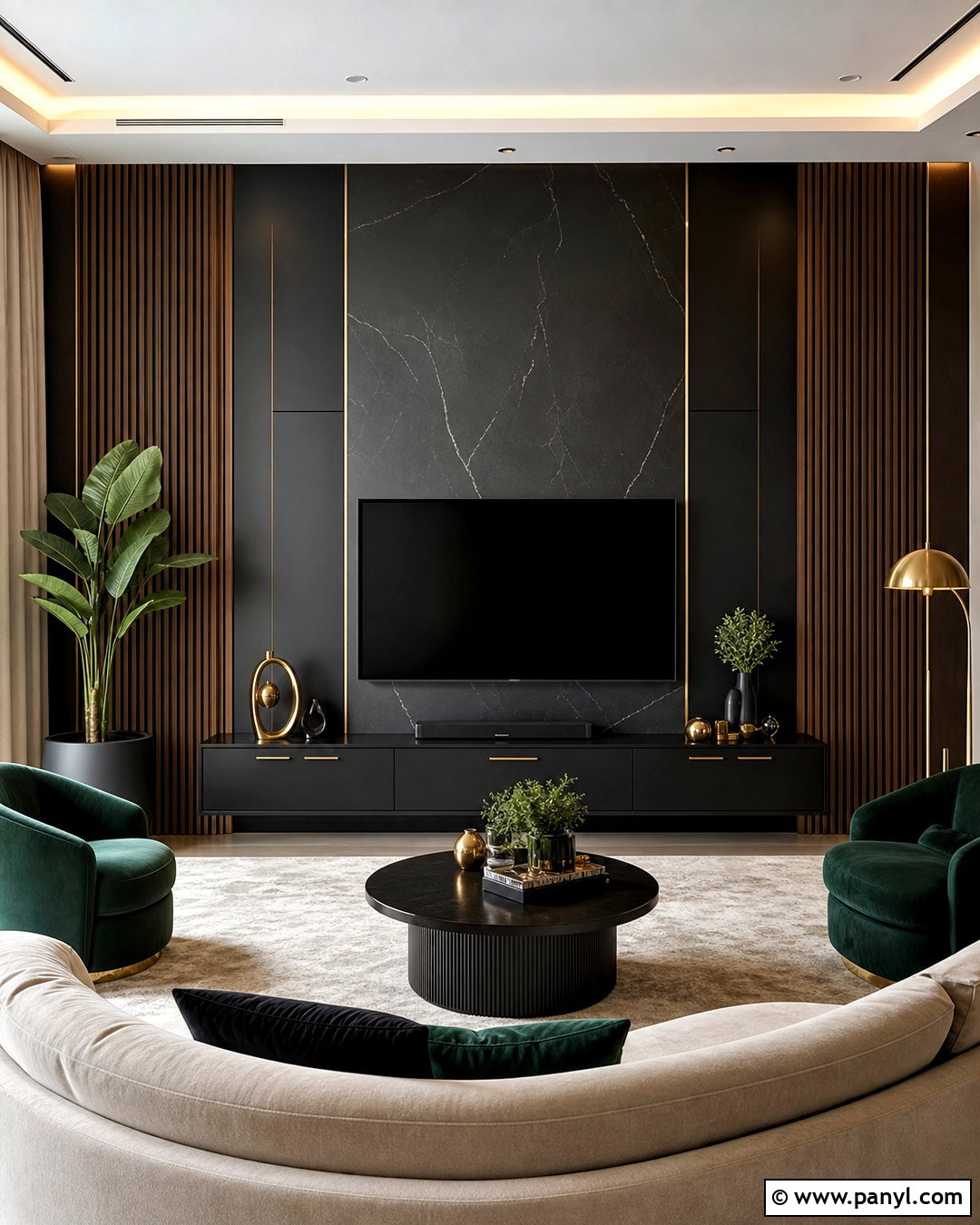 Luxury Black TV Wall With Brass Accents - 20 tv wall design black ideas