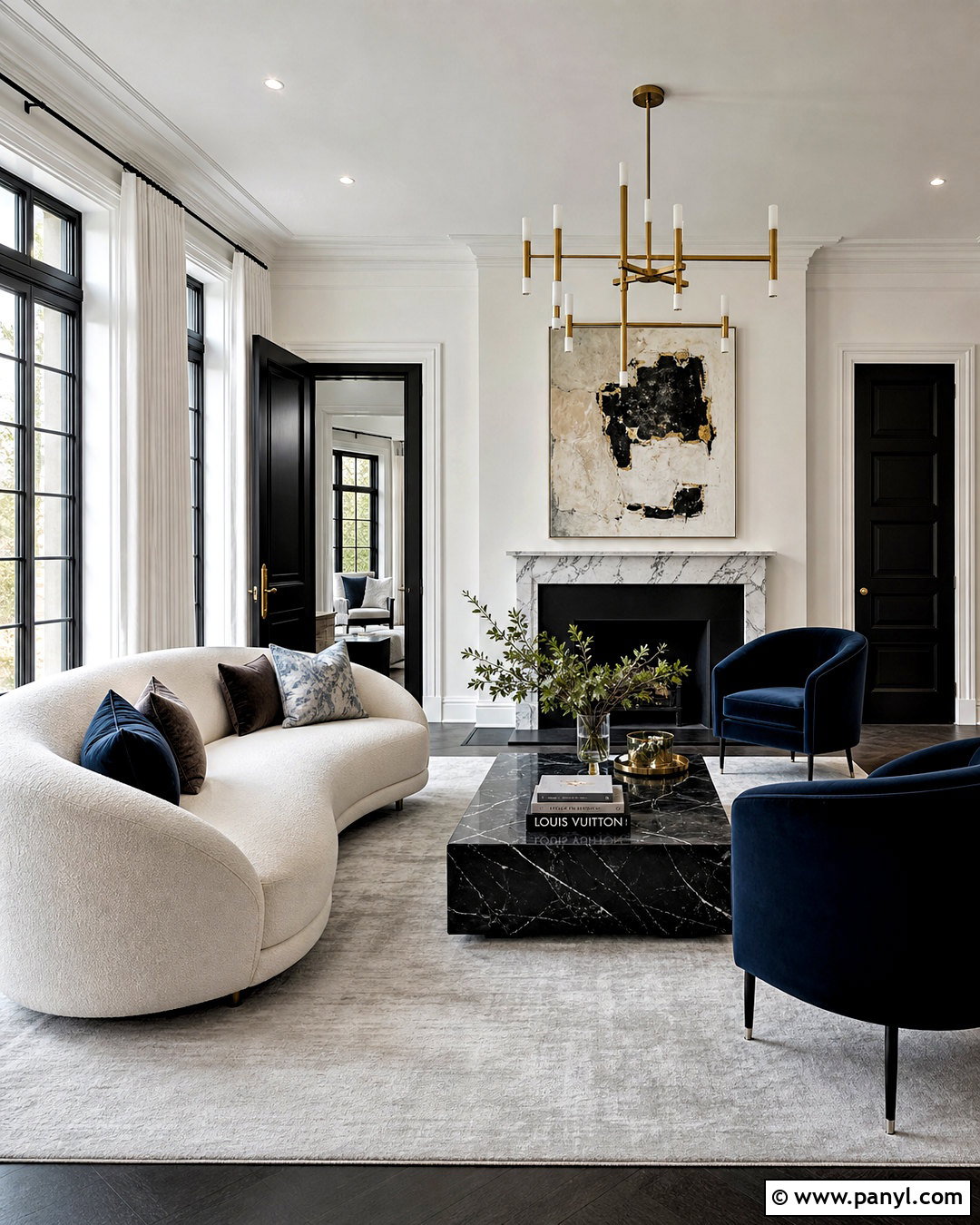 Luxury Living Room With Black Trim And Brass - 20 white walls black trim living room ideas