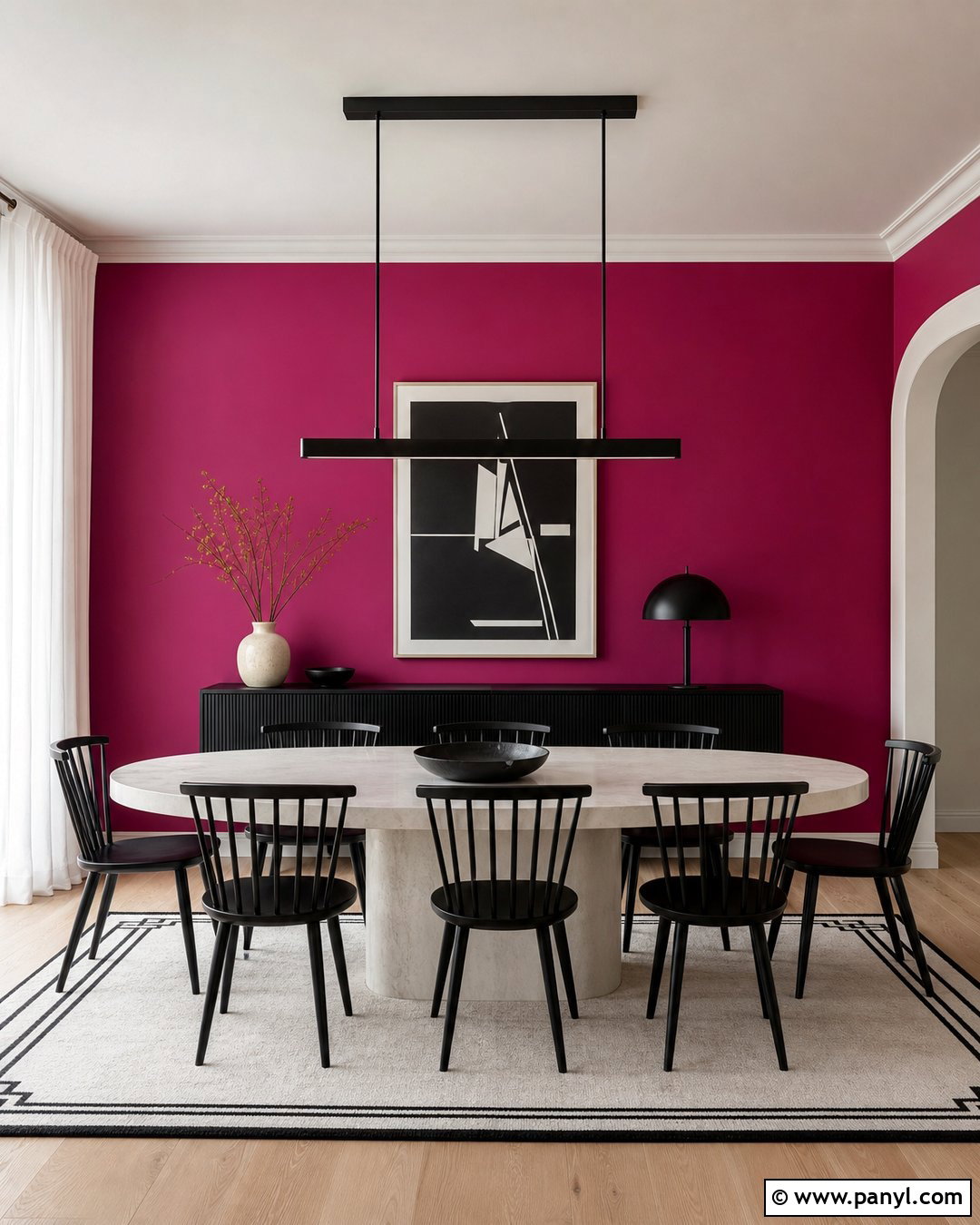 Magenta Dining Room Walls With Black And White Decor - 35 Magenta Walls