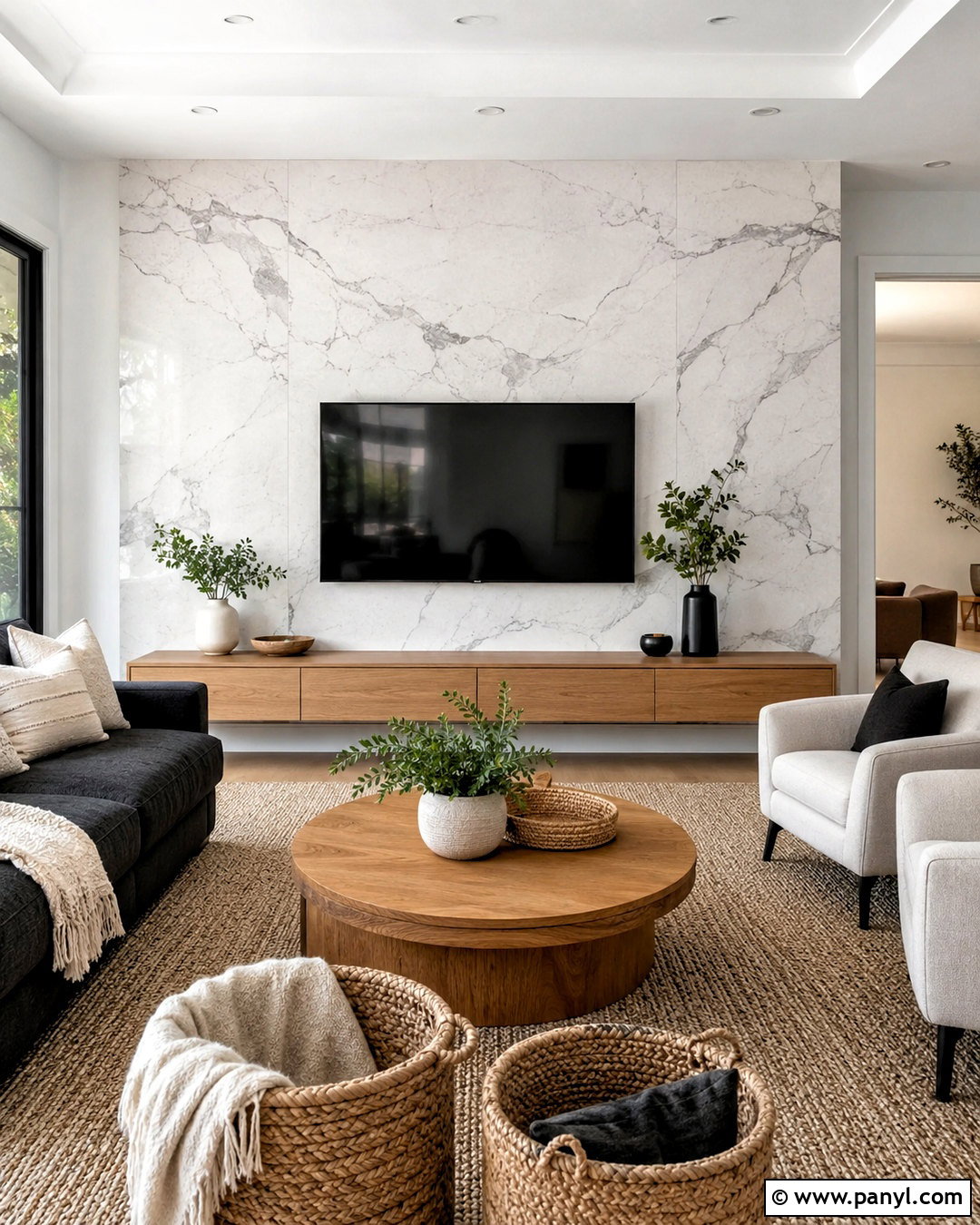 Marble-Look Porcelain TV Feature Wall - 20 marble tv feature wall ideas