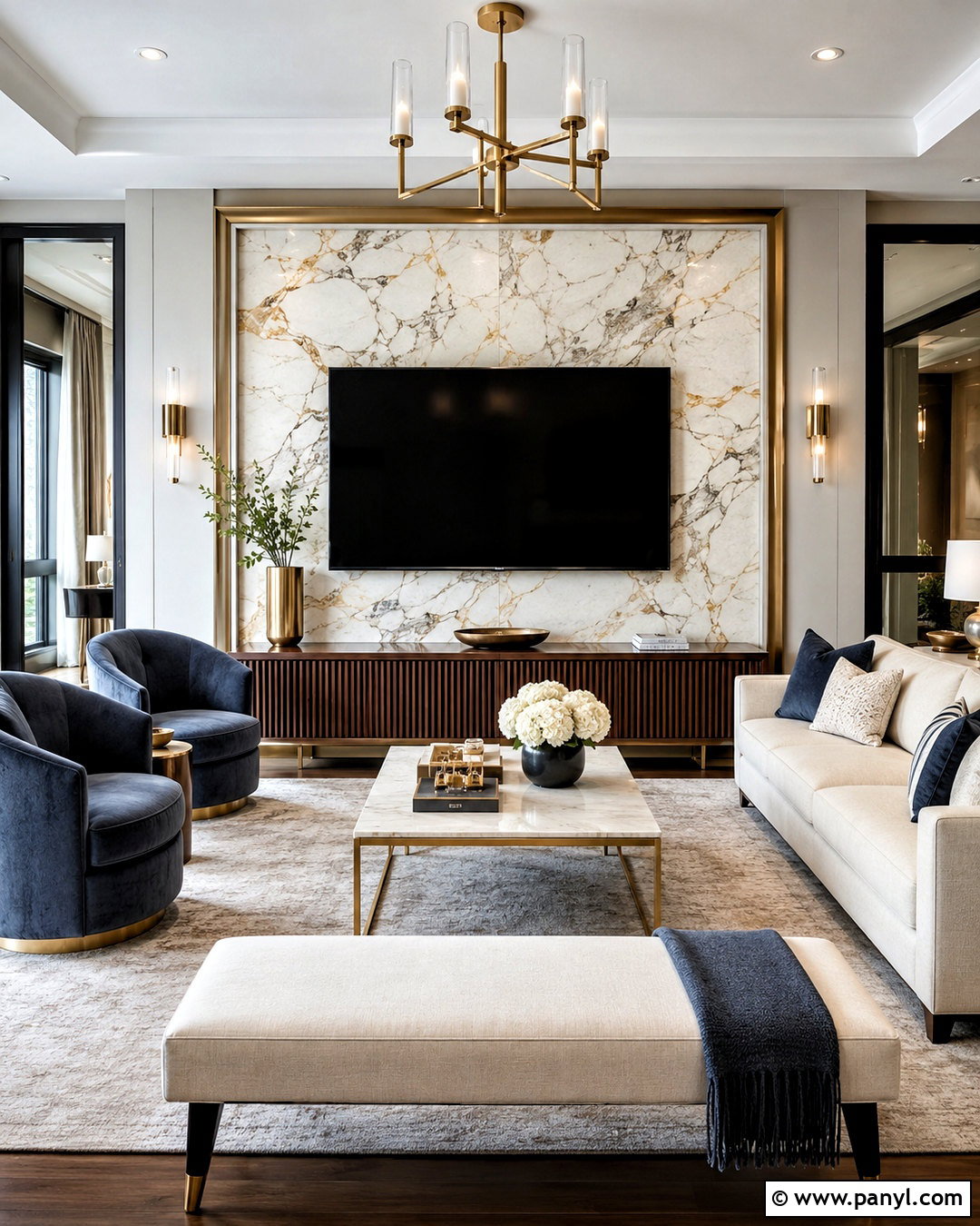 Marble TV Wall With Brass Frame - 20 marble tv feature wall ideas