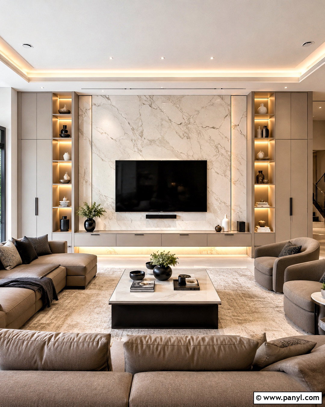 Marble TV Wall With Built-In Storage - 20 marble tv feature wall ideas