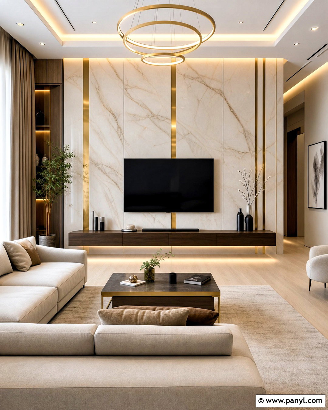 Marble TV Wall With Golden Strips - 20 golden strip wall design ideas