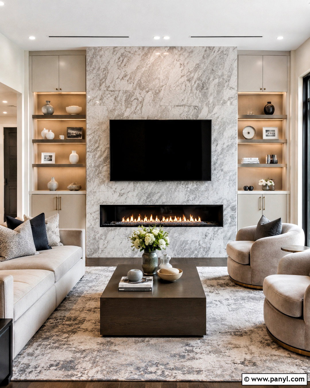 Marble TV Wall With Linear Fireplace - 20 marble tv feature wall ideas