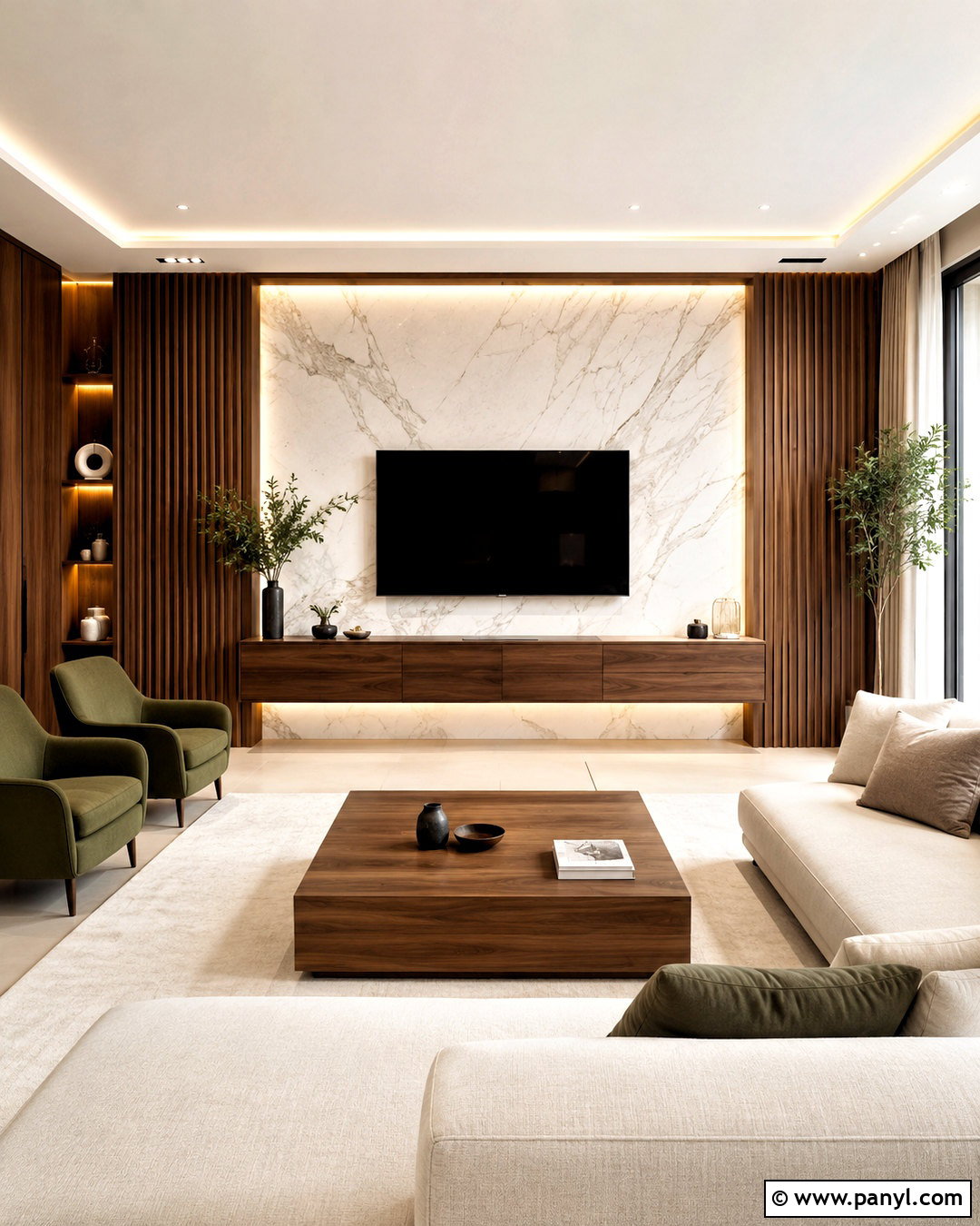 Marble TV Wall With Wood Slats - 20 marble tv feature wall ideas