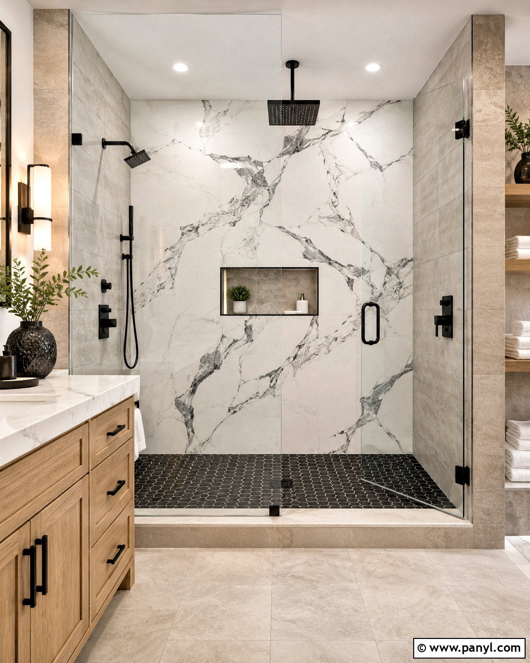 Marble Walk-In Shower Wall - 20 marble wall decor ideas