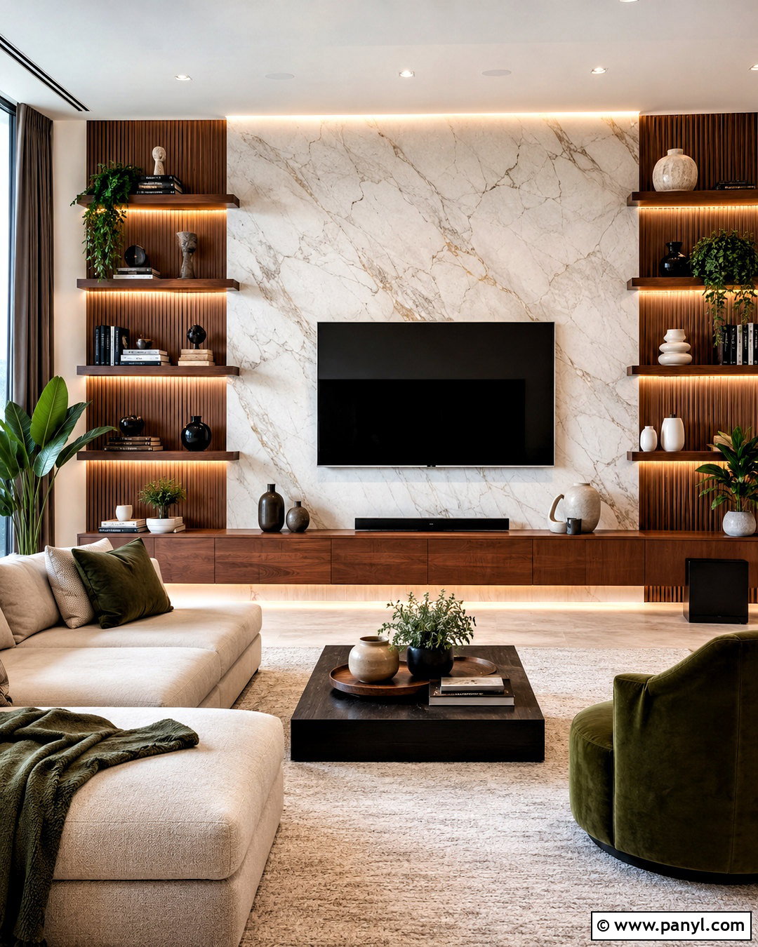 Marble Wall With Floating Shelves - 20 marble wall living room ideas
