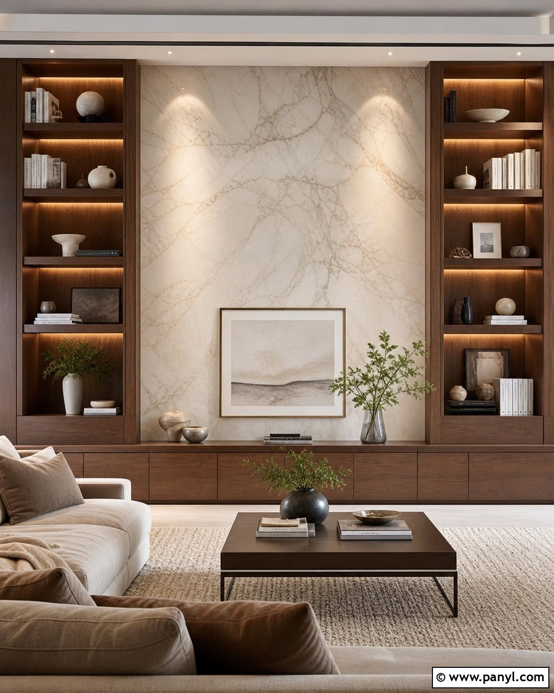 Marble Wallpaper With Built-In Shelves - 30 Marble Wallpaper Living Room Ideas