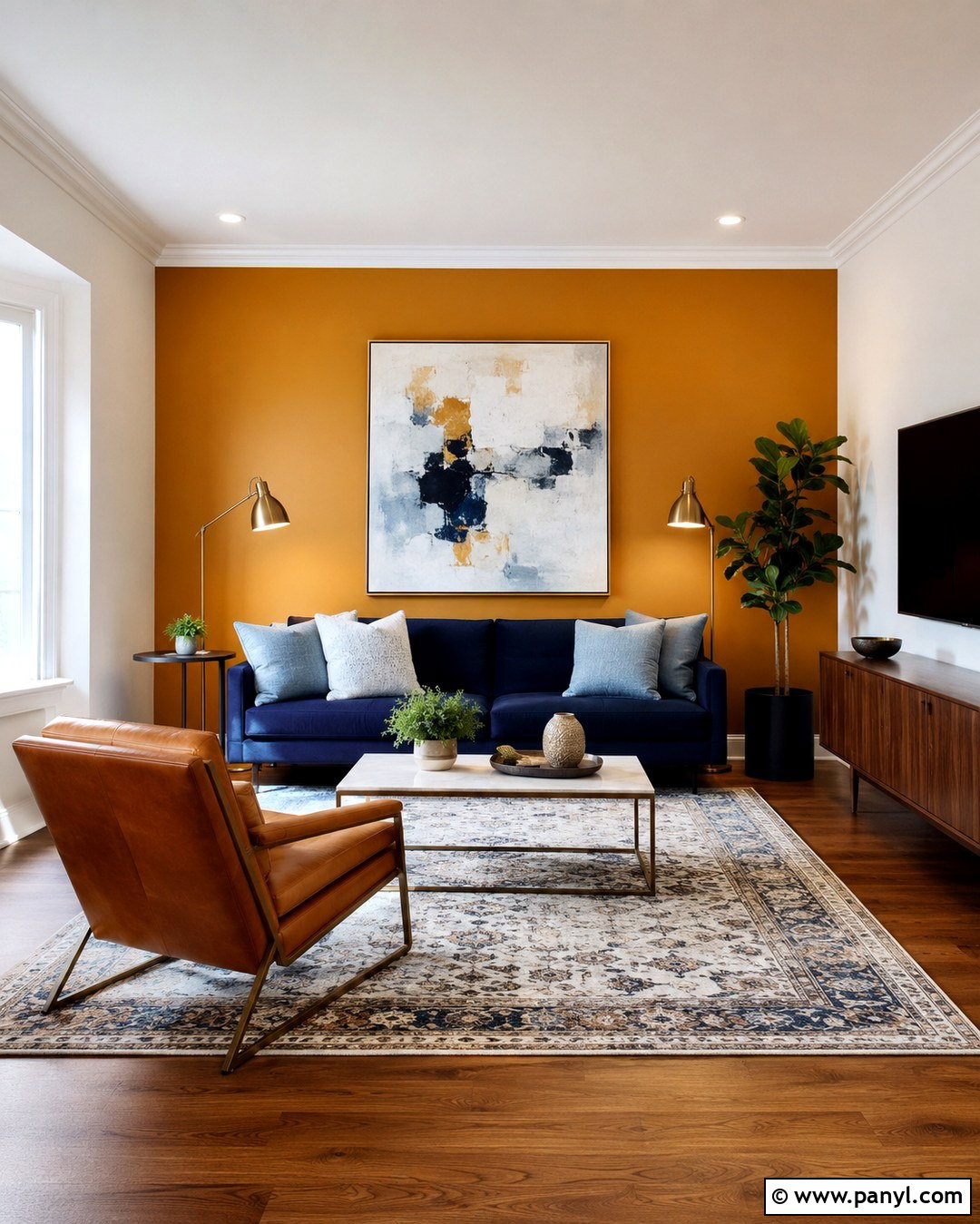 Marigold Accent Wall With Navy Furniture - 20 Marigold Wall Paint Ideas