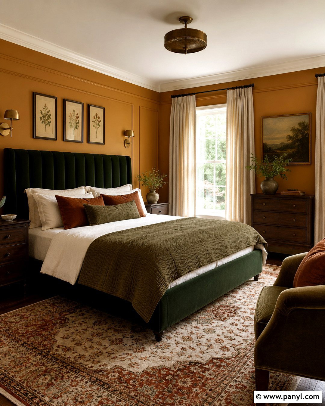 Marigold Bedroom With Dark Green Bed - 20 Marigold Wall Paint Ideas