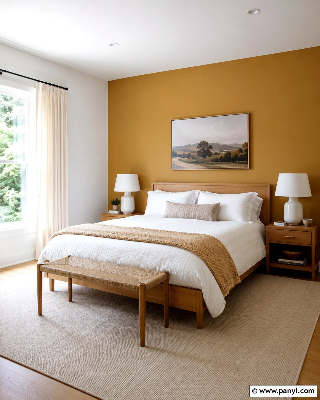 Marigold Bedroom With White Bedding - 20 Marigold Wall Paint Ideas