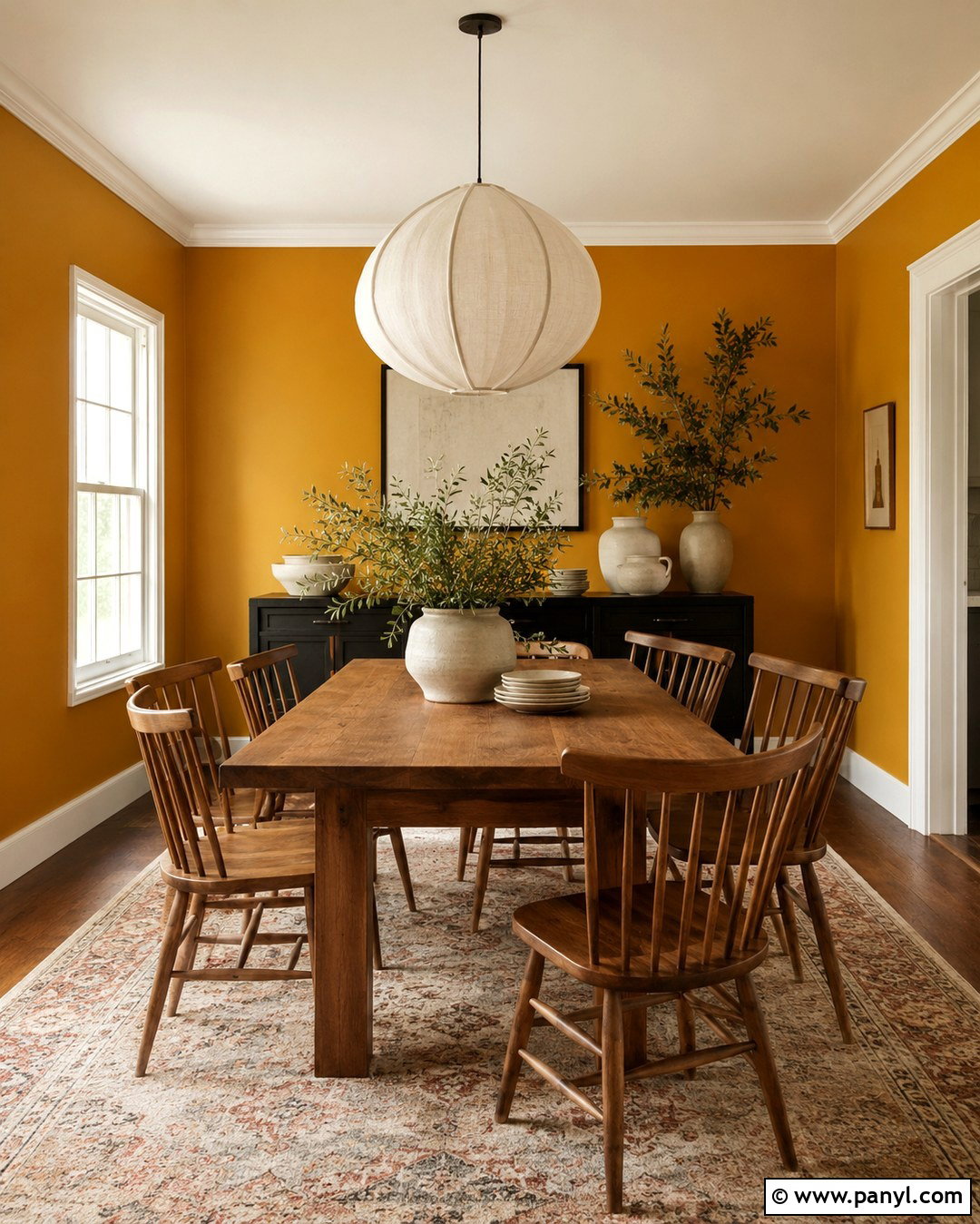 Marigold Dining Room With Wood Furniture - 20 Marigold Wall Paint Ideas