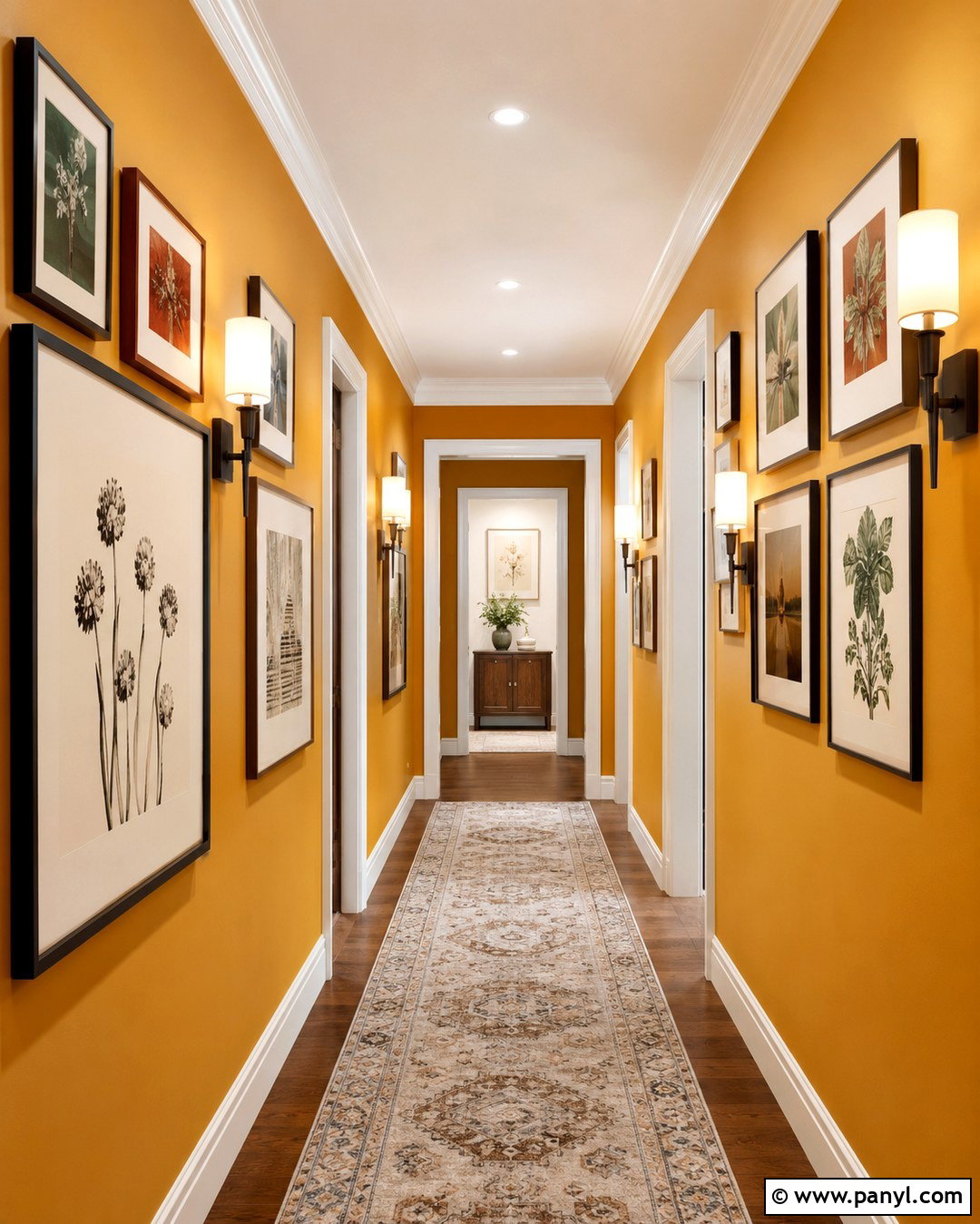 Marigold Hallway With Gallery Wall - 20 Marigold Wall Paint Ideas