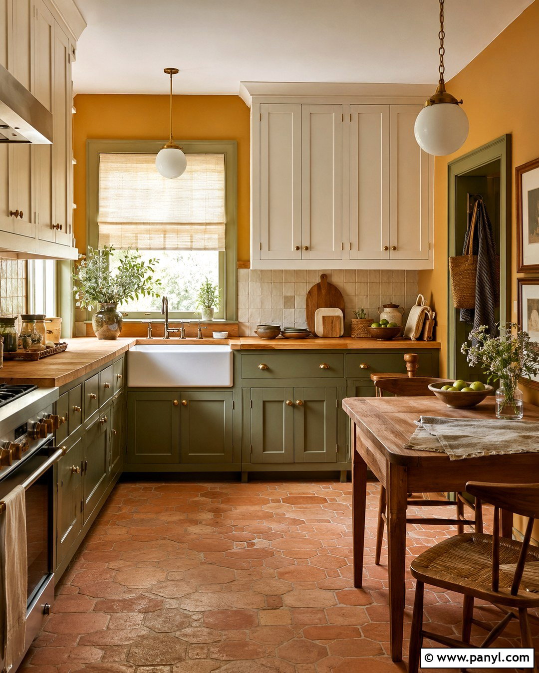 Marigold Kitchen With Green Cabinets - 20 Marigold Wall Paint Ideas