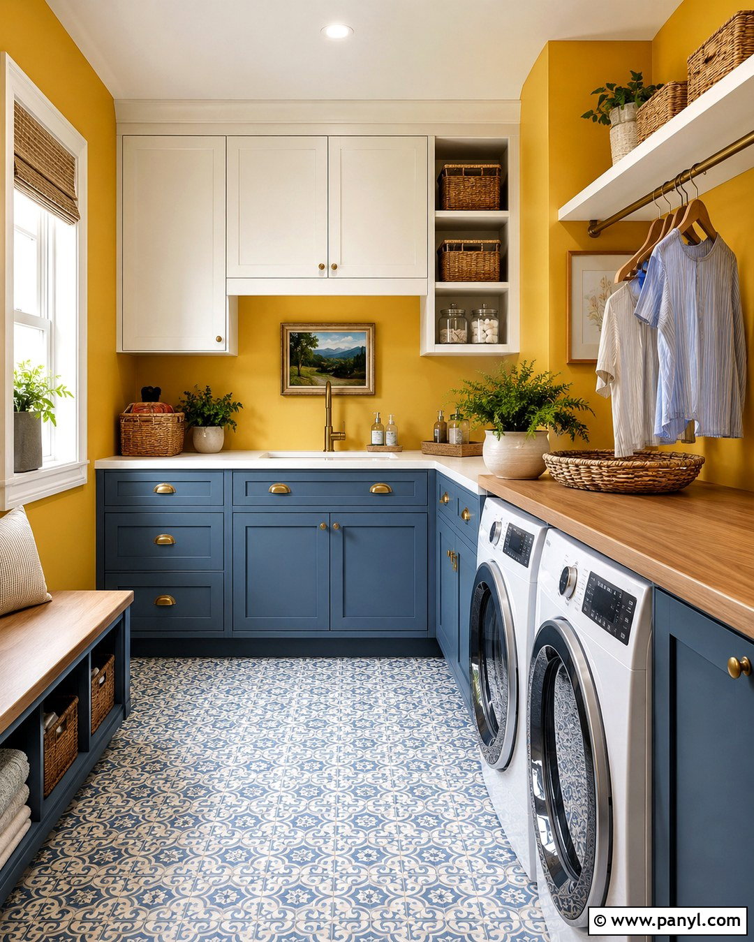 Marigold Laundry Room With Blue Cabinets - 20 Marigold Wall Paint Ideas