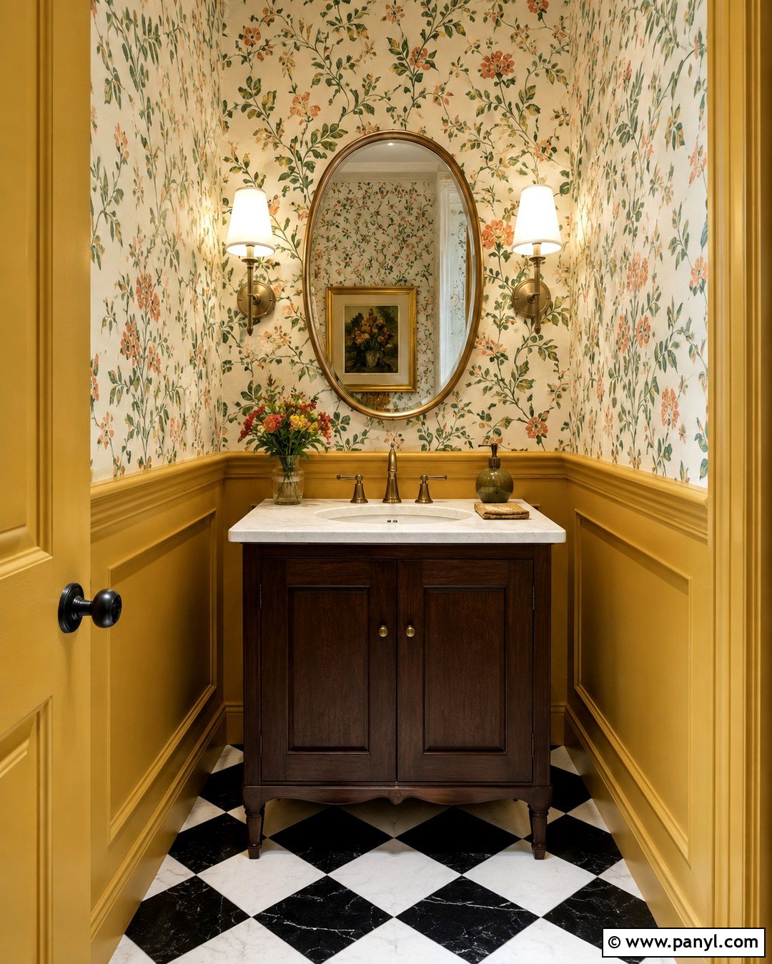 Marigold Powder Room With Floral Wallpaper - 20 Marigold Wall Paint Ideas