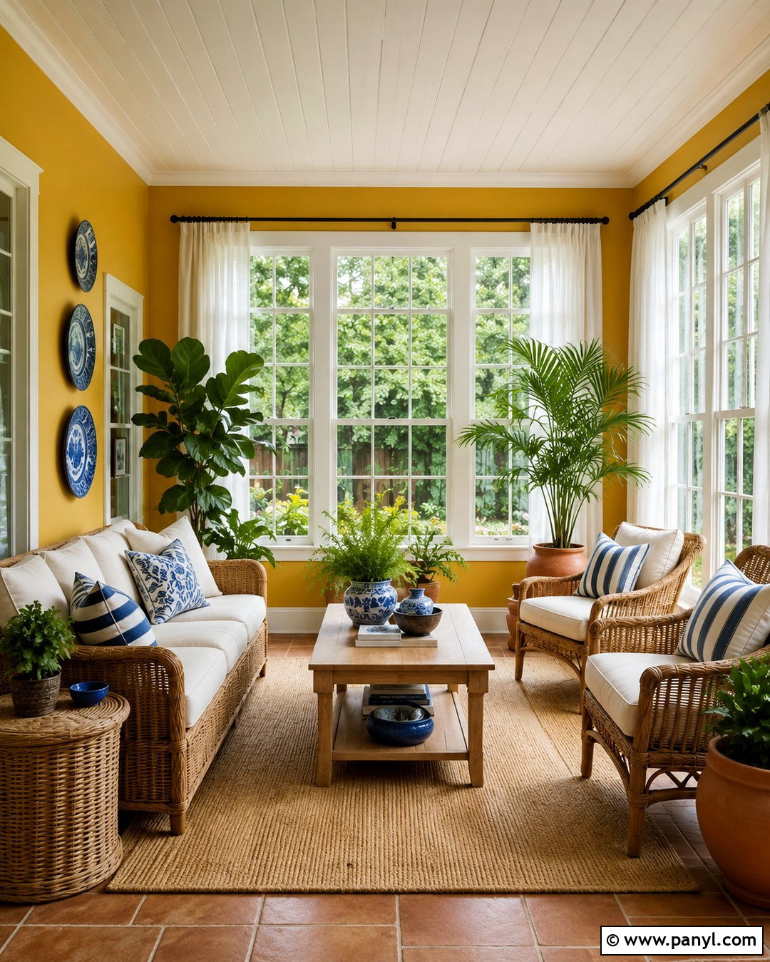 Marigold Sunroom With Rattan Furniture - 20 Marigold Wall Paint Ideas