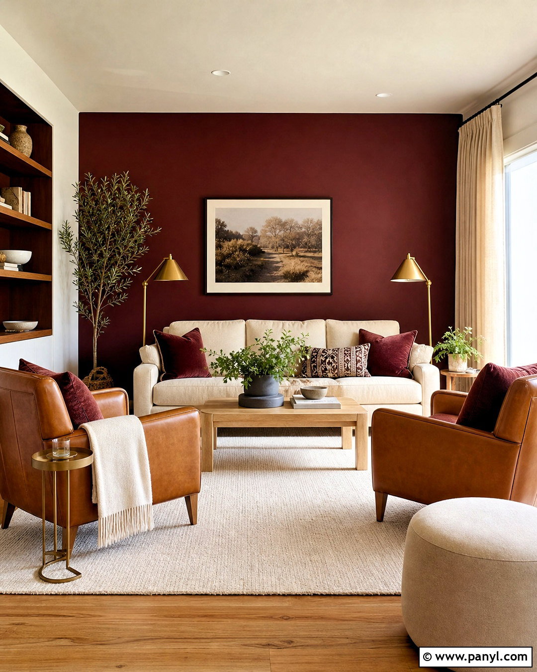 Maroon Accent Wall With Cream Sofa - 20 maroon accent wall ideas