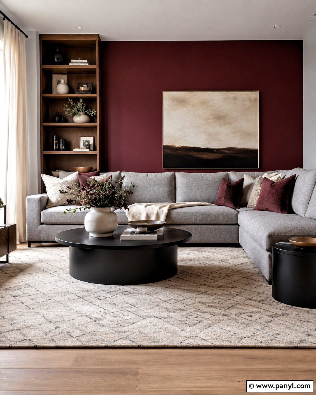 Maroon Accent Wall With Gray Sectional - 40 Maroon Walls