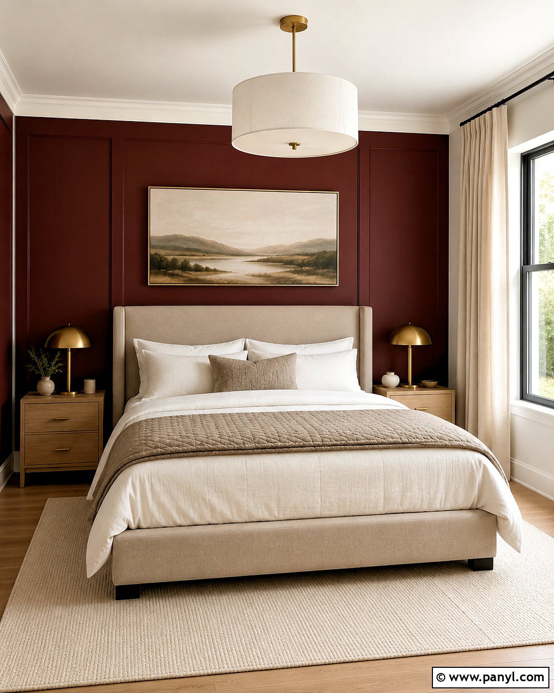 Maroon Bedroom With Beige Upholstered Bed - 40 Maroon Walls